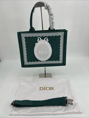 Medium Canvas Dark Green and White Detail Embroidered Book Tote with Strap.